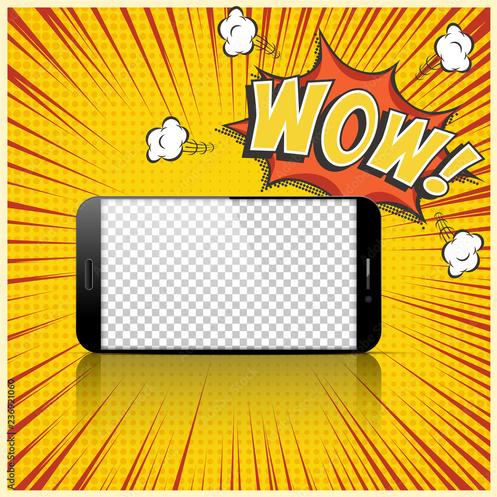 Poster realistic smartphone with transparent screen on comic book background with wow speech bubble. vector