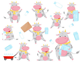Cute spotted cow in different situations set, funny farm animal cartoon character with milk vector Illustration on a white background