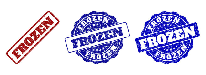 FROZEN grunge stamp seals in red and blue colors. Vector FROZEN imprints with draft style. Graphic elements are rounded rectangles, rosettes, circles and text titles.