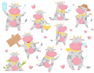 Cute happy spotted cow in different situations set, funny smiling farm animal cartoon character vector Illustration on a white background