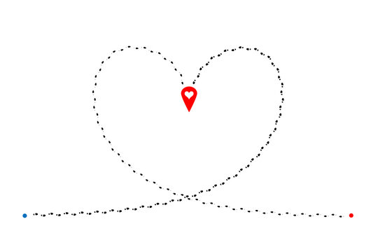 Intersecting footprints of man and woman in heart shape and red map pin with heart in center of illustration. Vector design element.