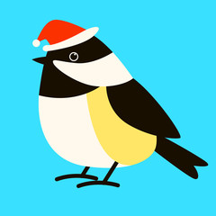 tit bird  in santa hat, vector illustration , flat style ,profile 