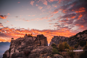 Sunset over Varlaam monastery in Meteora, Greece