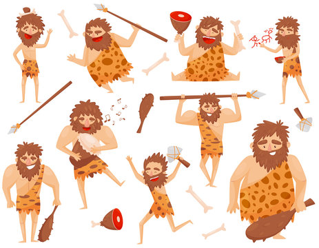 Funny stone age prehistoric man in different situations set, primitive cavemen cartoon character vector Illustration isolated on a white background