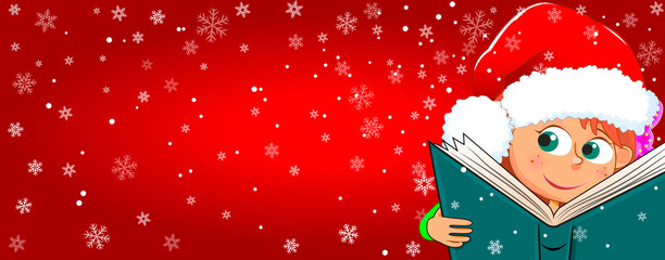 A child reads a book for Christmas. Little girl with a book on a red winter background