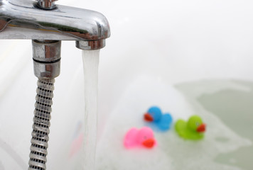 Pink, green and blue duck in a bathtub