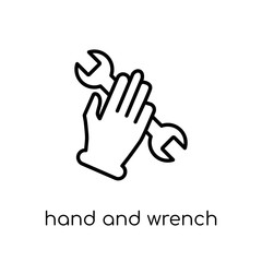 Hand and Wrench icon. Trendy modern flat linear vector Hand and Wrench icon on white background from thin line Hands and guestures collection