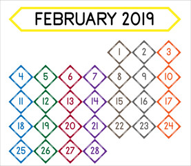 Detailed daily calendar of the month of February 2019