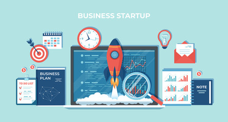 Business project startup, financial planning, idea, strategy, management, realization and success. Rocket launch from laptop monitor, business plan, notes, clock, target, hourglass, calendar Vector