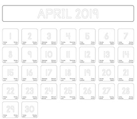 Detailed daily calendar of the month of April 2019