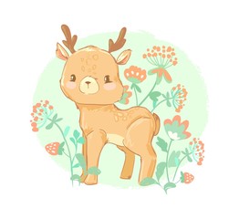 Beautiful deer on a flowers background. Children's print for t-shirts. Vector illustration.