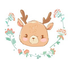 Obraz na płótnie Canvas Beautiful deer on a flowers background. Children's print for t-shirts. Vector illustration.
