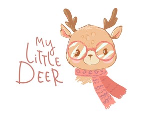 Cute deer with glasses. Hand drawn baby deer vector illustration
