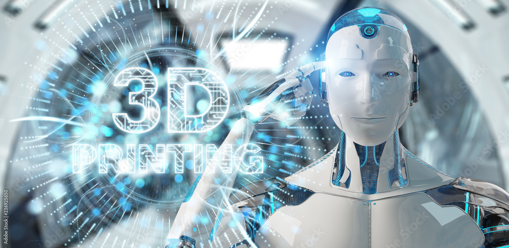 Poster robot white using 3d printing digital hologram 3d rendering