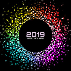 New Year 2019 Card Background. Bright Colorful Disco Lights Halftone Circle Frame isolated on black background. Confetti circle border using rainbow colors dots texture. Vector illustration.