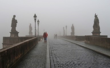 Obraz premium Würzburg, Alte Mainbrücke im Herbstnebel