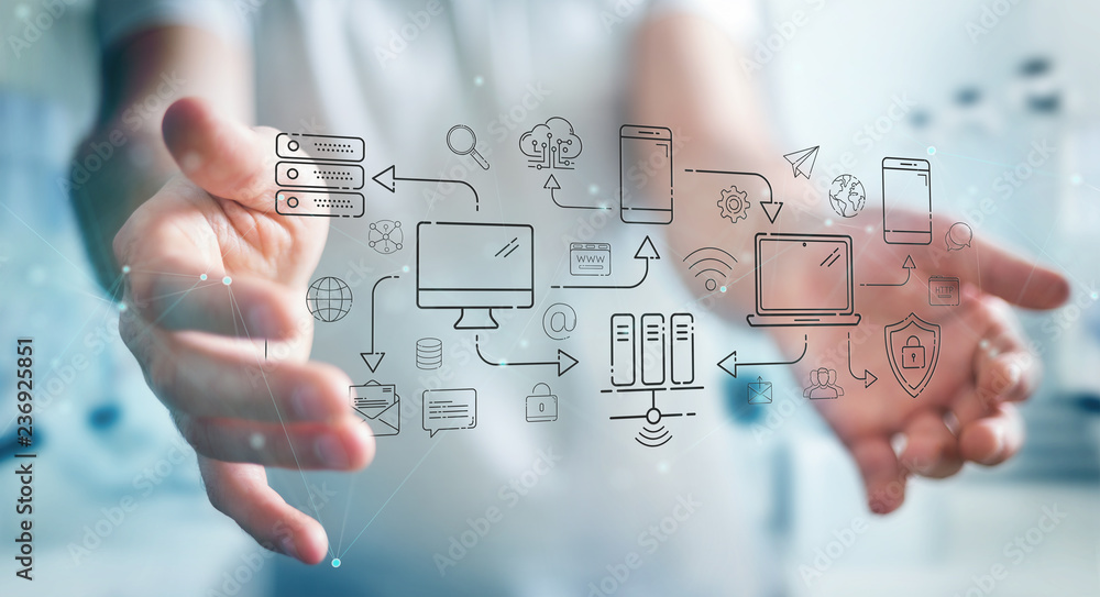 Wall mural businessman using tech devices and icons thin line interface