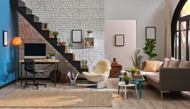 Home Decoration, Modern Home, Black Stairs Detail, Wooden Desk And Desktop, Frame Lamp Carpet And Furniture In The Living Room. Black Windows And Garden View.