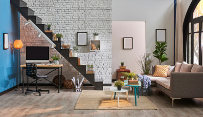 Decorative home interior concept, modern home decoration home interior detail and grey sofa.