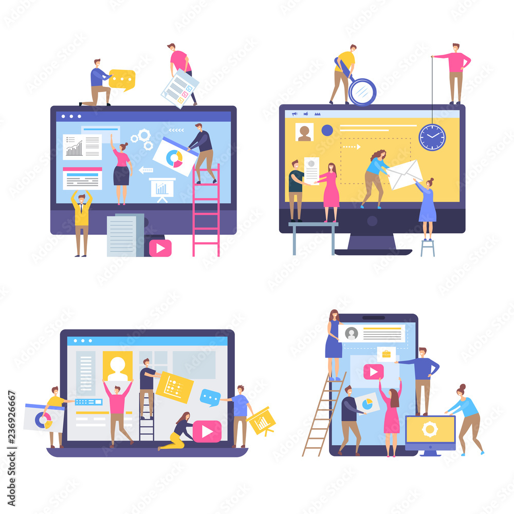 Aufkleber characters making web pages. peoples decorated websites team in business marketing scenes simple sty