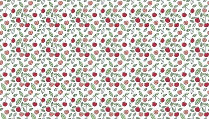 Cherry seamless pattern. Hand drawn fresh berry. Multicolored vector sketch background. Colorful doodle wallpaper. Red and green print