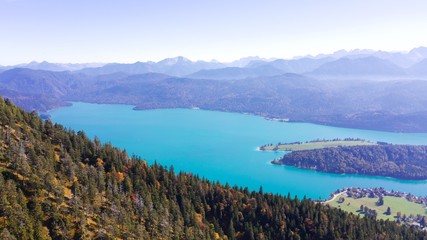 Drone photo of alpine landscape in Bavaria. Peak Herzogstand, lakes Walchensee and Kochelsee.