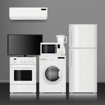 Kitchen home appliances. Household store electrical tools electronic items vector realistic pictures. Illustration of appliances refrigerator and oven, fridge and microwave