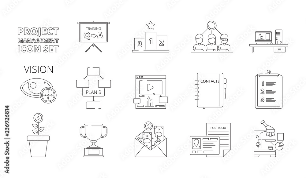 Aufkleber project management symbols. business planning processes web crm systems for work plan and strategy v