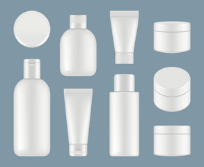 Cosmetic tubes. Makeup plastic packages and round containers white vector mockup. Illustration of container and tube for cosmetic cream