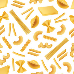 Vector realistic pasta types pattern or background illustration. Pasta background, italian food seamless pattern
