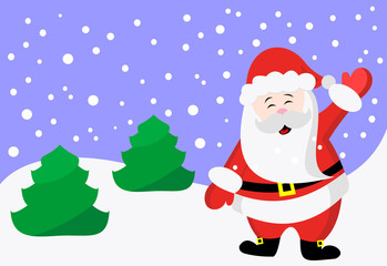 Santa Claus waving his hand. New year and Christmas winter landscape. Vector illustration