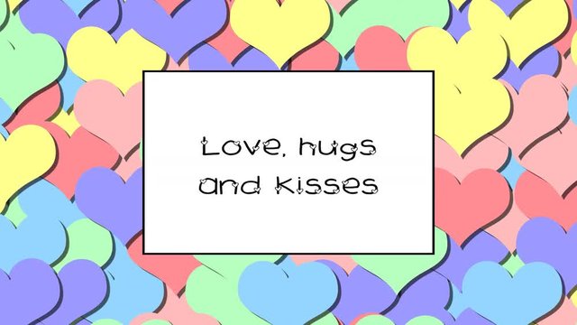 Love, hugs and kisses love card with Rainbow Pastel hearts as a background, zoom in