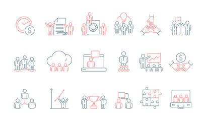 Simple business team icon. Social communication meeting group or person work discussion presentation thin line colored symbols. Discussion and communication, businessman group work illustration