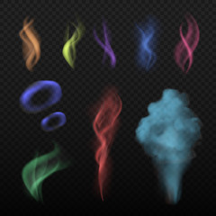 Colored smoke. Steam and smell spread buring haze colorful vector collection realistic set. Illustration of color smoke, steam and smell, perfume realistic and vapor aroma