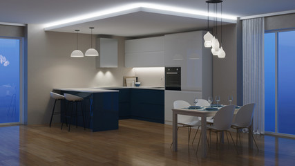 Modern house interior. Evening lighting. Night. 3D rendering.