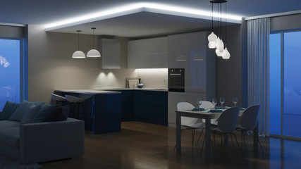 Modern house interior. Evening lighting. Night. 3D rendering.
