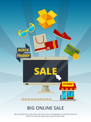 Shopping online. By products on website mobile app smartphone estore payment on pc vector background marketing placard or poster. Store online, payment shopping, e-shop service illustration