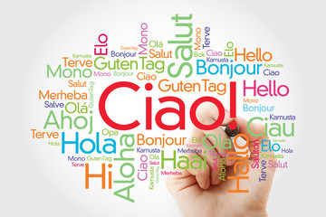 Ciao (Hello Greeting in Italian) word cloud in different languages of the world with marker, background concept © dizain