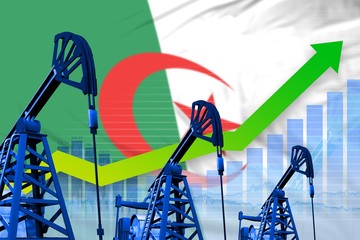 growing graph on Algeria flag background - industrial illustration of Algeria oil industry or market concept. 3D Illustration