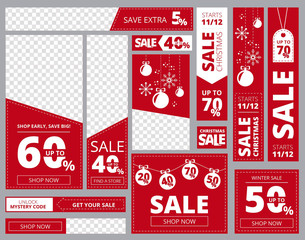 Web banners standard sizes. Advertizing business banners horizontal vertical square shapes vector template. Illustration of promotion discount xmas, advert banner christmas sale
