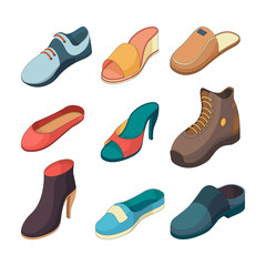 Shoes isometric. Fashion foot shoe boots sandals slippers clothes vector collection isolated. Illustration of isometric footwear and fashion boots
