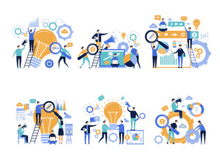 Fototapeta premium Business people. Office managers promoting and announcing various products creative digital marketing advertising vector characters. Illustration of people announcement advertising, teamwork promotion