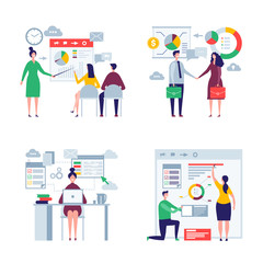Business oversize peoples. Male and female office managers directors workers business team vector flat characters. Illustration of businessman and employee presentation chart and graphic