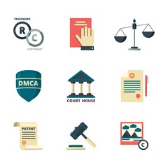 Copyright icons. Business company legal law quality administration policy regulations compliance vector flat colored symbols. Legal law copyright, protection intellectual content illustration