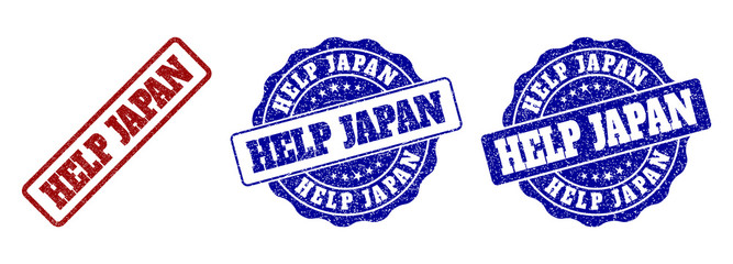 HELP JAPAN scratched stamp seals in red and blue colors. Vector HELP JAPAN labels with dirty effect. Graphic elements are rounded rectangles, rosettes, circles and text labels.
