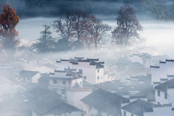 traditional chinese village at early morning in autumn