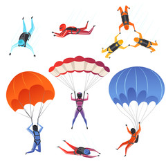 Parachute jumpers. Extreme sport skydiving paragliding male and female sportsmen in sky vector characters. Illustration of jumper and parachuting, skydiver jumping
