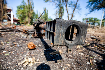burned artillery gun, War actions aftermath, Ukraine and Donbass conflict