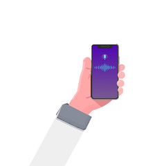 Smartphone hand voice assistant. Modern flat illustration with smartphone hand on white background. Mobile phone. Smartphone icon vector illustration.