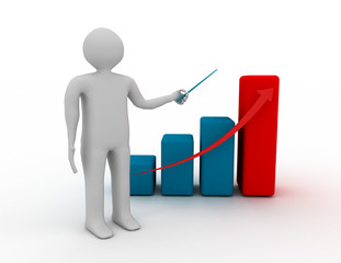 3d man presenting business growth chart graph over white background